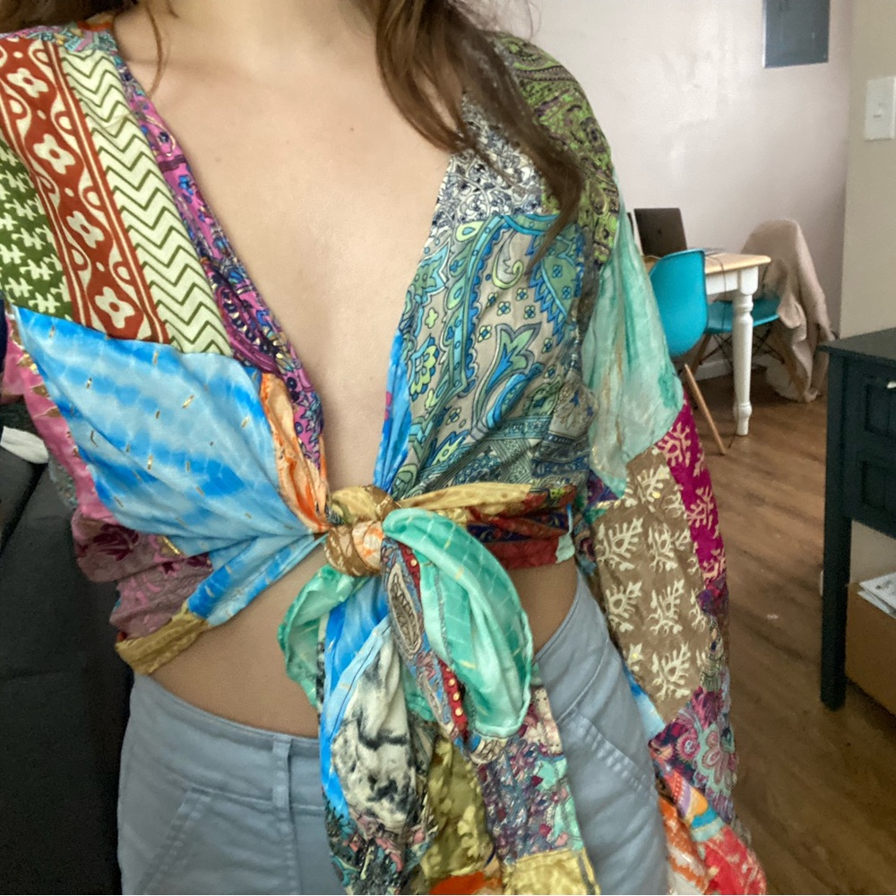 Colorful Patchwork Scarf Blouse